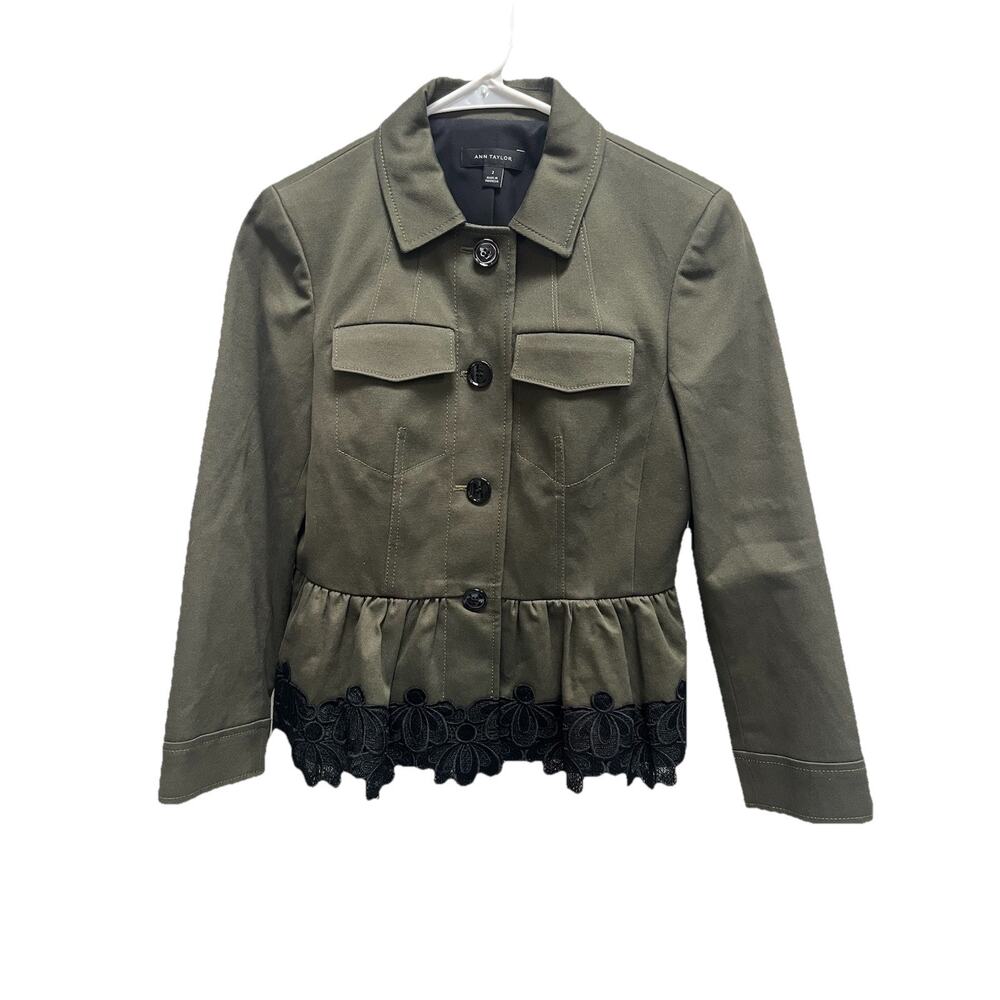 Ann Taylor Women 2 Olive Green Peplum Jacket Black Floral Lace Button Front Chic